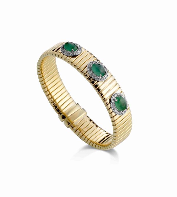 18KT GOLD TUBOGAS BRACELET WITH EMERALD CABOCHON & DIAS