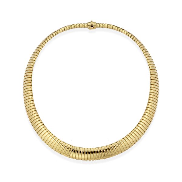18KT GOLD 10MM WIDE FLAT TUBOGAS NECKLACE GOLD & STEEL